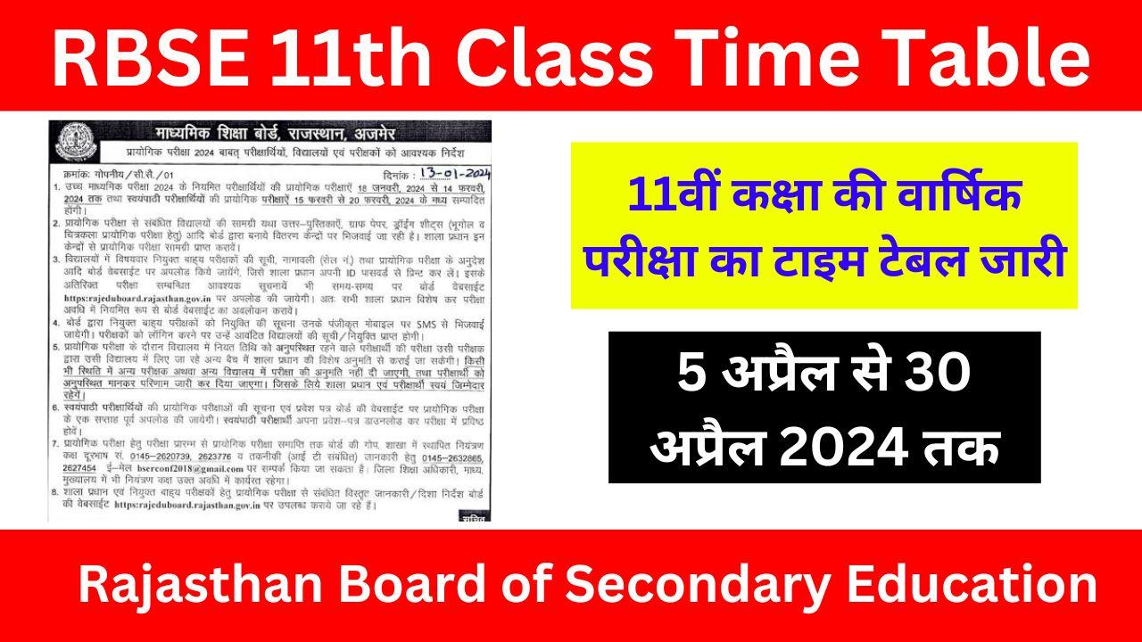 RBSE 11th Class Time Table 2024: 11वीं कक्षा की वार्षिक परीक्षा का टाइम ...